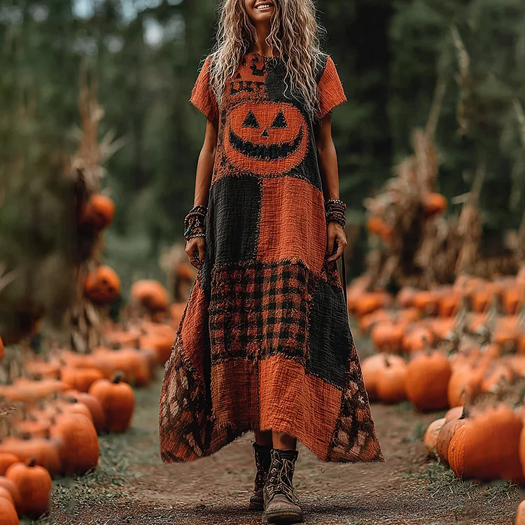 Vintage Halloween Pumpkin Face Patchwork Art Linen Round Neck Maxi Dress