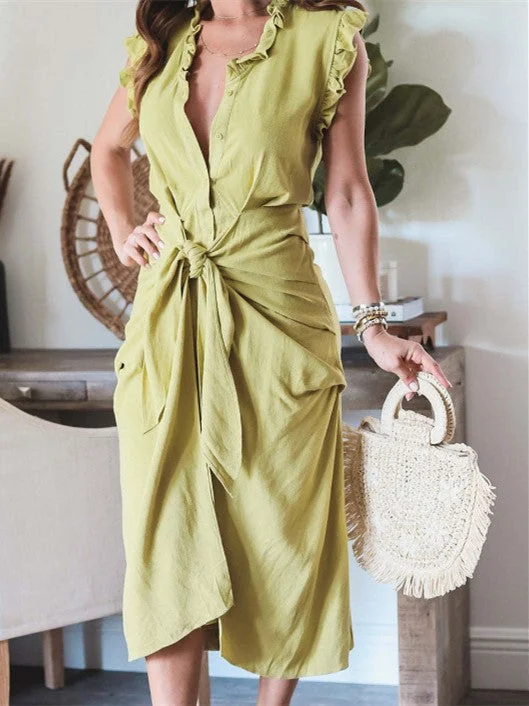 Women's Summer Sleeveless V Neck Solid Color Button Tie Fashion Dress