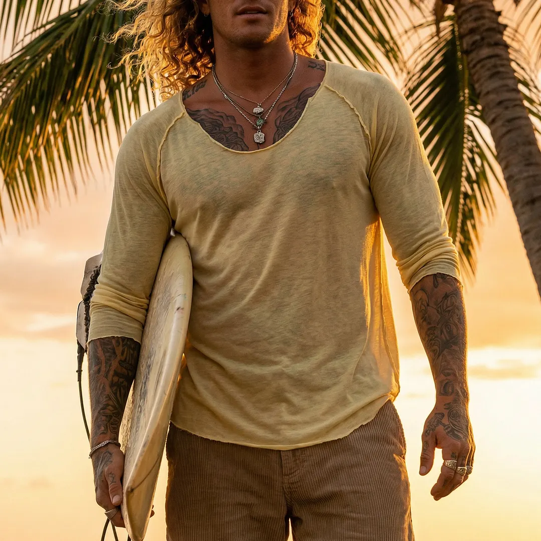 Men's Casual Loose Low-cut Raglan Long-sleeved T-shirt, Slightly See-through Pure Cotton Breathable Top-INSPIREUSE