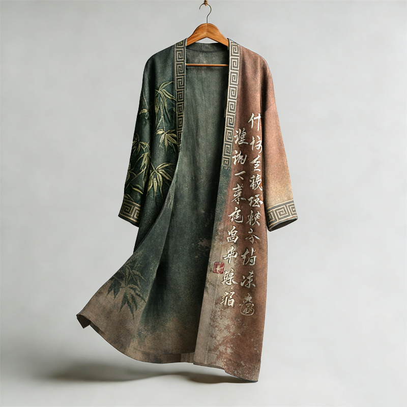 Japanese Style Retro Calligraphy Bamboo Art Pattern Casual Kimono  artssus