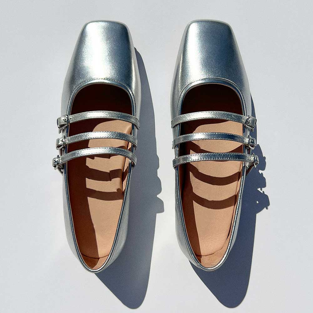 Silver Vegan Leather Square Toe Flat Mary Jane Slip-On Shoes Nicepairs