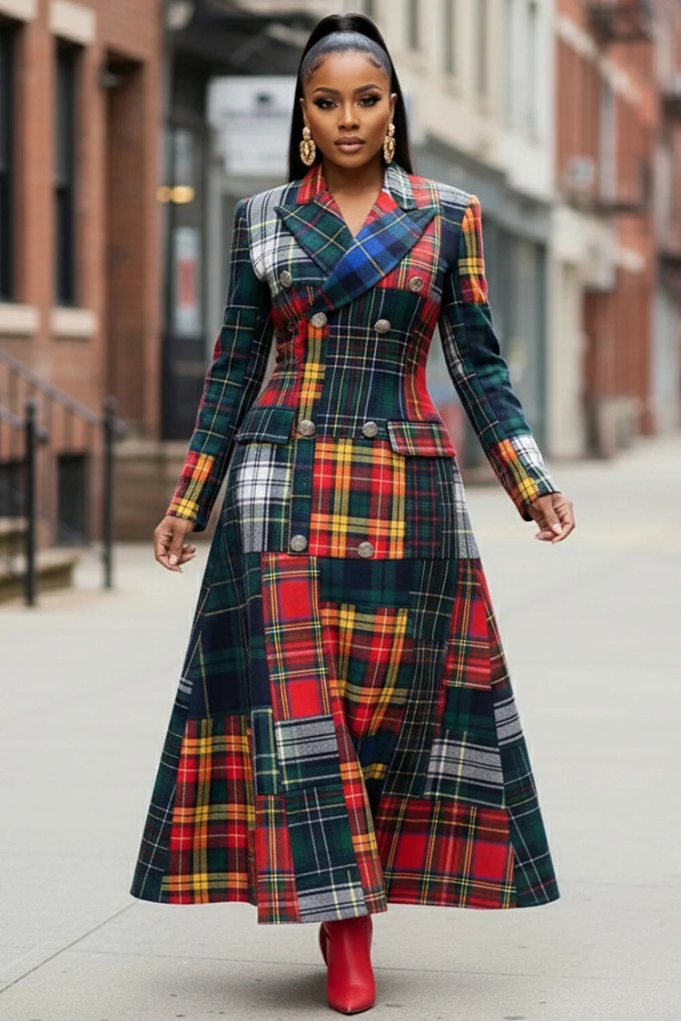 Plaid Patchwork Peak Lapel Collar Double Breasted Long Coat-Red [Pre Order]
