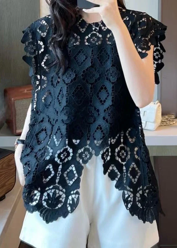 Boutique Black Asymmetrical Design Hollow Out Lace T Shirts Sleeveless