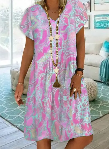 Summer New Fashion Womens Vintage Printed V-Neck Short Sleeve Casual Dress Loose Soft
