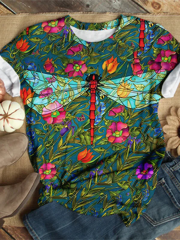 Loose Floral Dragonfly Print Short Sleeve Top