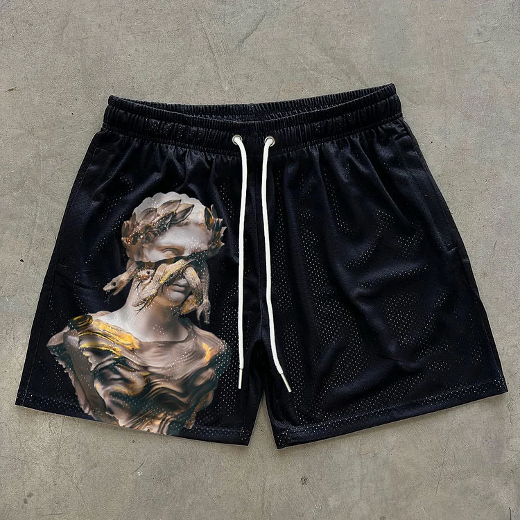 Sopula Vintage Medusa Sculpture Print Mesh Street Shorts