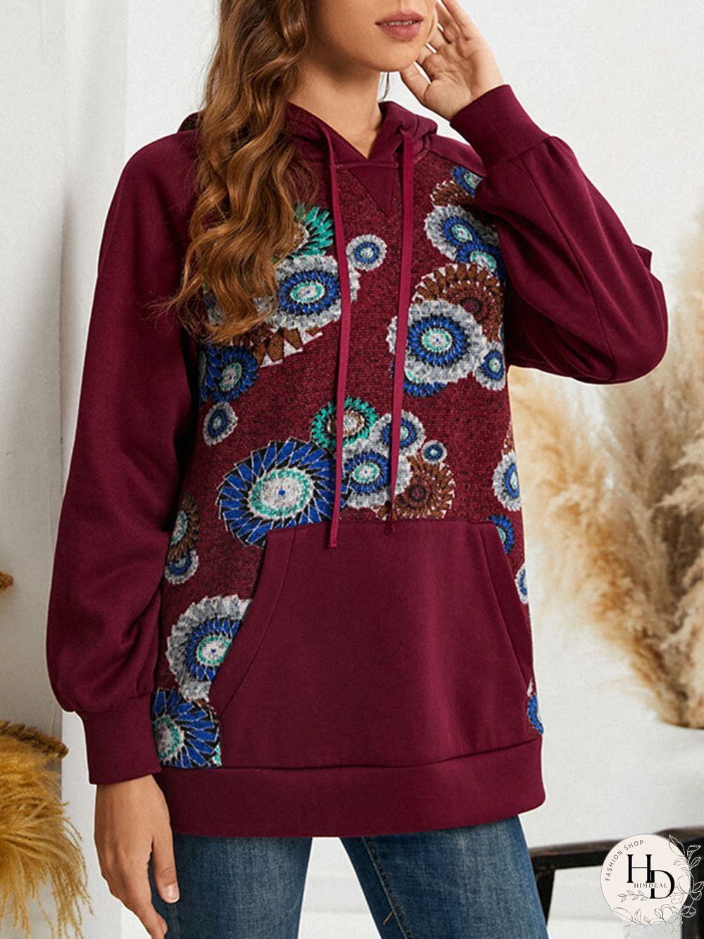 Flower Stitch Pocket Drawstring Long Sleeve Pullover Hoodie