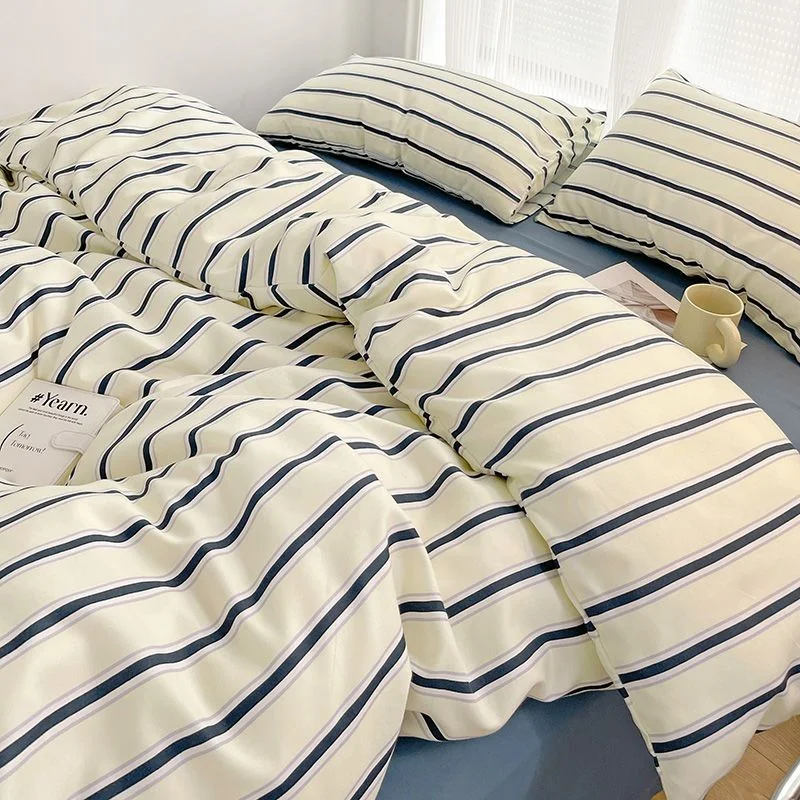 Aonga Simple Red and Blue Striped Duvet Cover and Four Piece Bed Sheet Set with Washed Cotton Bedding on the Bed 0313 aonga