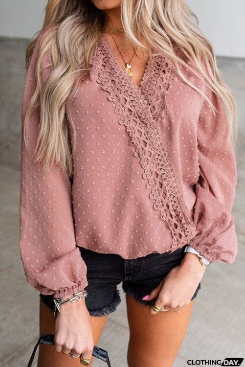 Dot Lace Trim Wrap Long Puff Sleeve Blouse