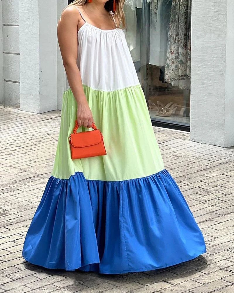 Contrast Color Patchwork Suspender Large Skirt Dress