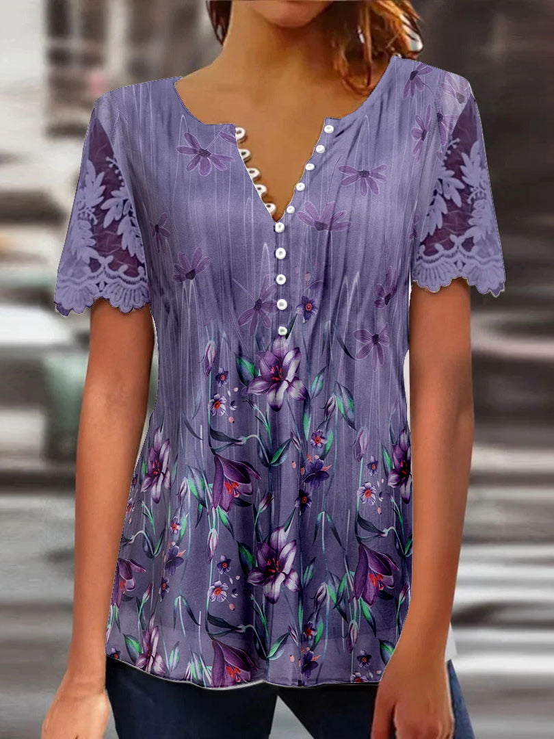 Women Long Sleeve V-neck Graphic Floral Printed Top