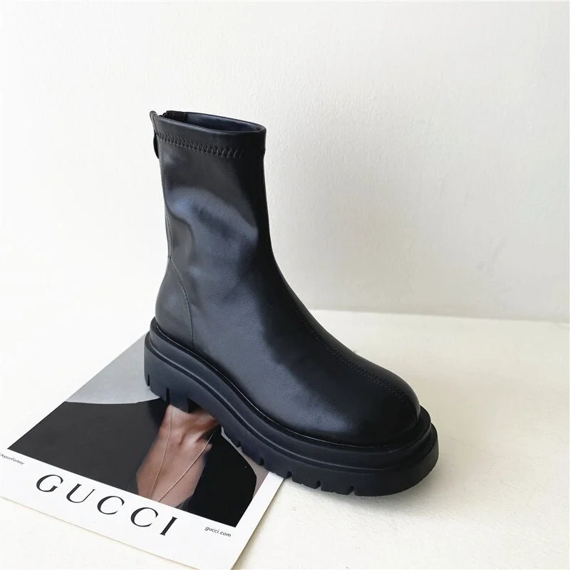 2022 Women Ankle Boots Ladies Shoes Slip on Mid Calf Boots Platform Soft PU Leather Long Boot Footwear Woman Fashion Winter Bota