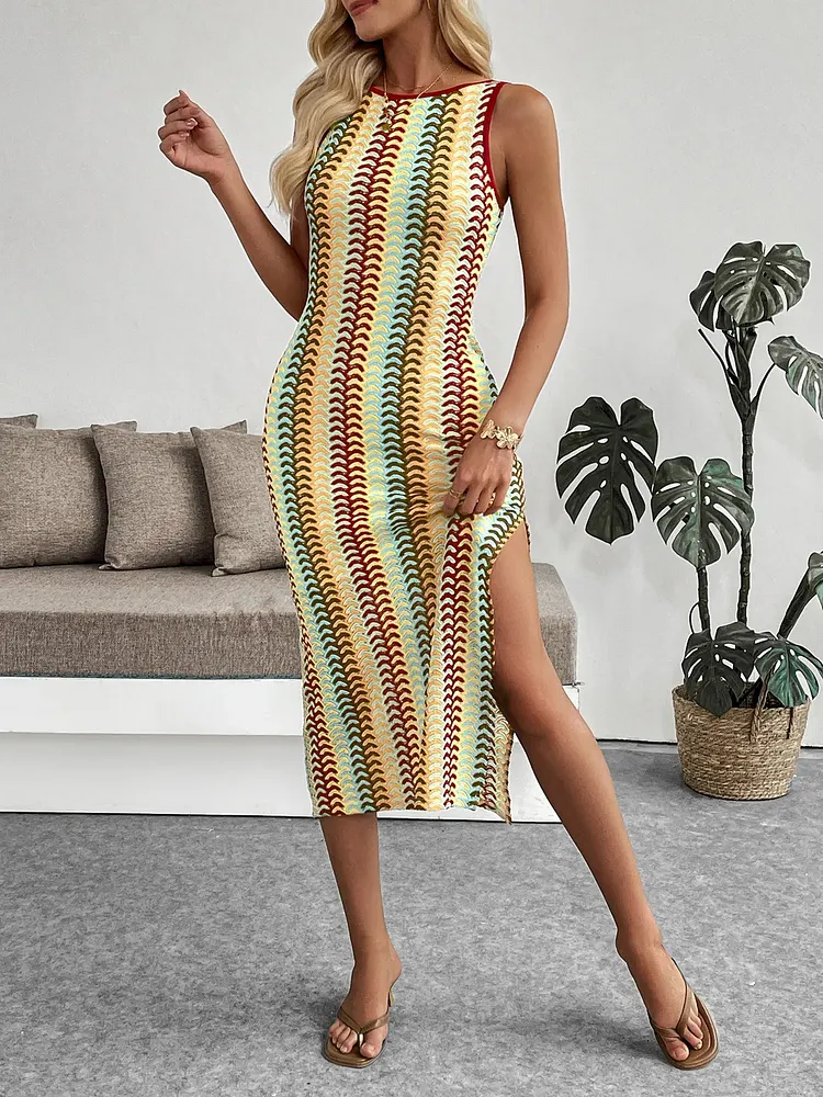 Sleeveless Chevron Pattern Sweater Dress