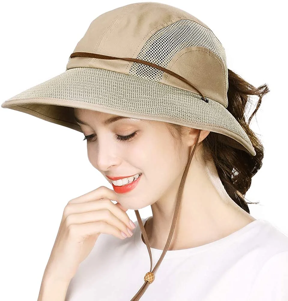 Womens Wide Brim Packable Summer Sun Bucket Hat with Transparent Protective Face Shield Beach Safari Hiking Bow