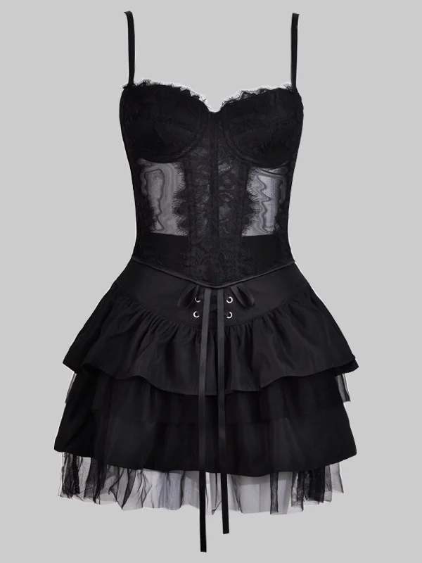 Gothic Dark Spaghetti Bandaged Mesh Lace-up See Through Tiered Mini Dress