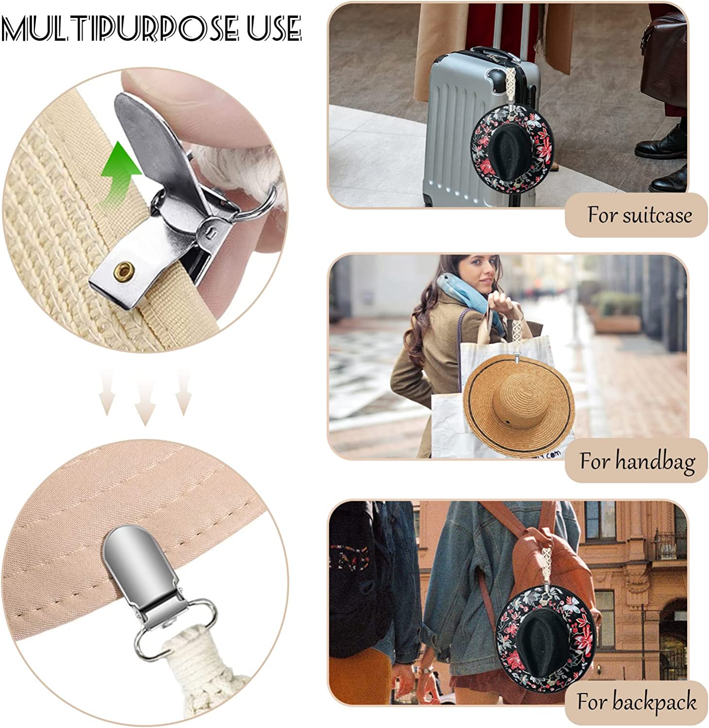 2Pcs Cotton Hat Clip for Travel, Knitting Travel Hat Clip for Bag Backpack Luggage, Hat Travel Clip for Women, Kids, Adults, Outdoor Travel Accessory Chains Hat Companion