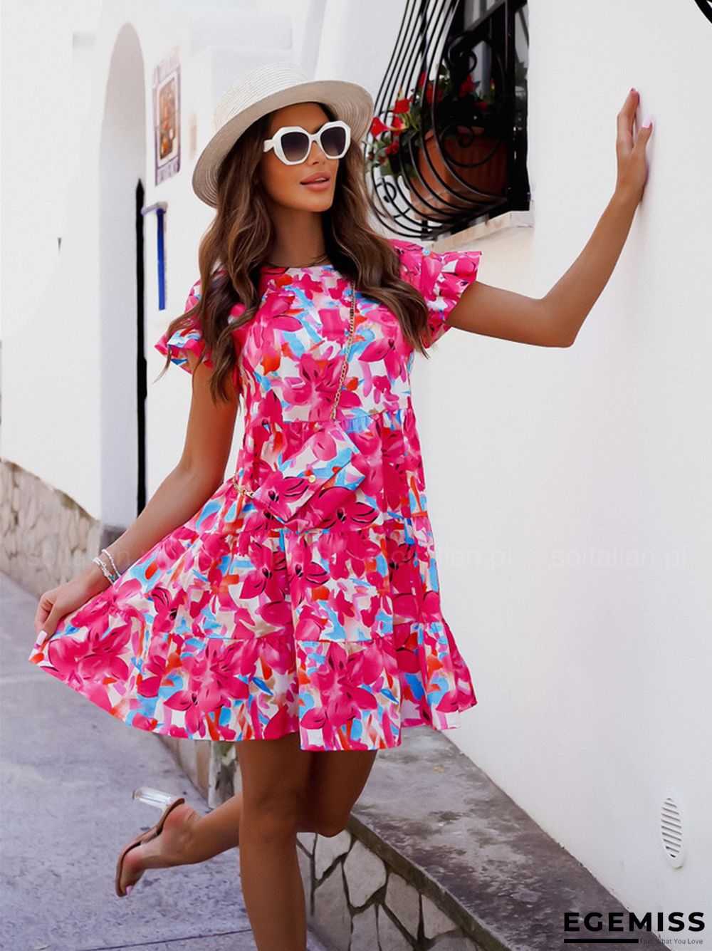 Flare Sleeve Round Neck Printed Irregular Dress | EGEMISS