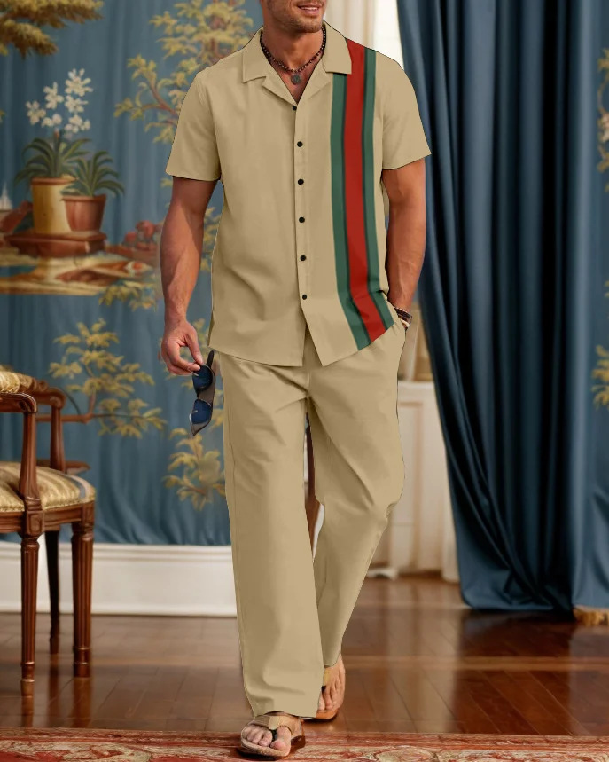 Suitmens Men's Classic Bowling Shirt Contrasting Stripes Walking Suit