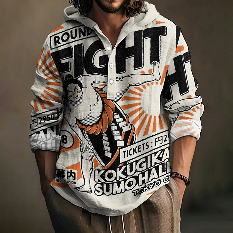 Men's Japanese Art Sumo Wrestler Printed Linen Blend Cozy Shirt Hoodie
