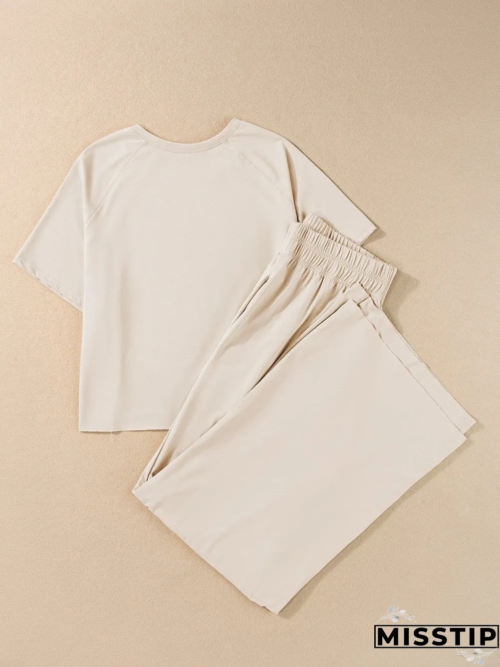 White Raw Edge Loose Tee and Wide Leg Pants Matching Set
