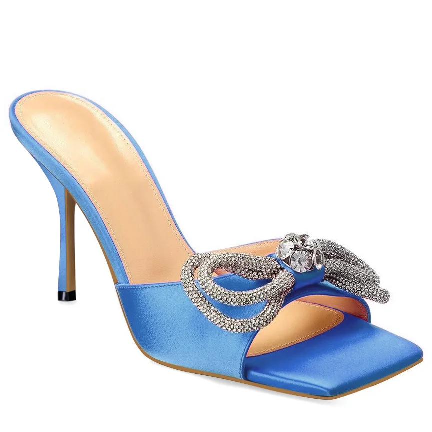 90mm Women's Heeled Sandals Square Open Toe Double Bow Satin Mules Heels Slip on Stilettos