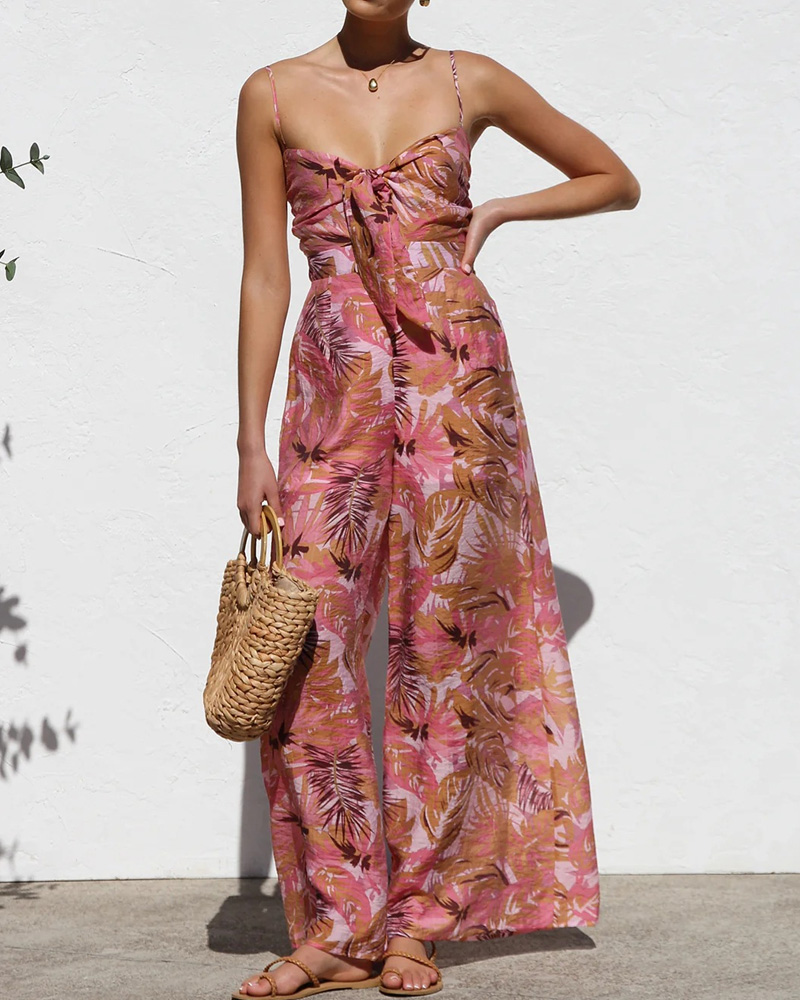 Printed Lace-Up Wide-Leg Pants