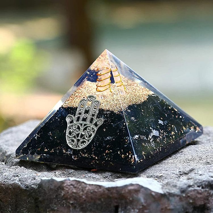 Obsidian Hamsa Protection Orgone Pyramid