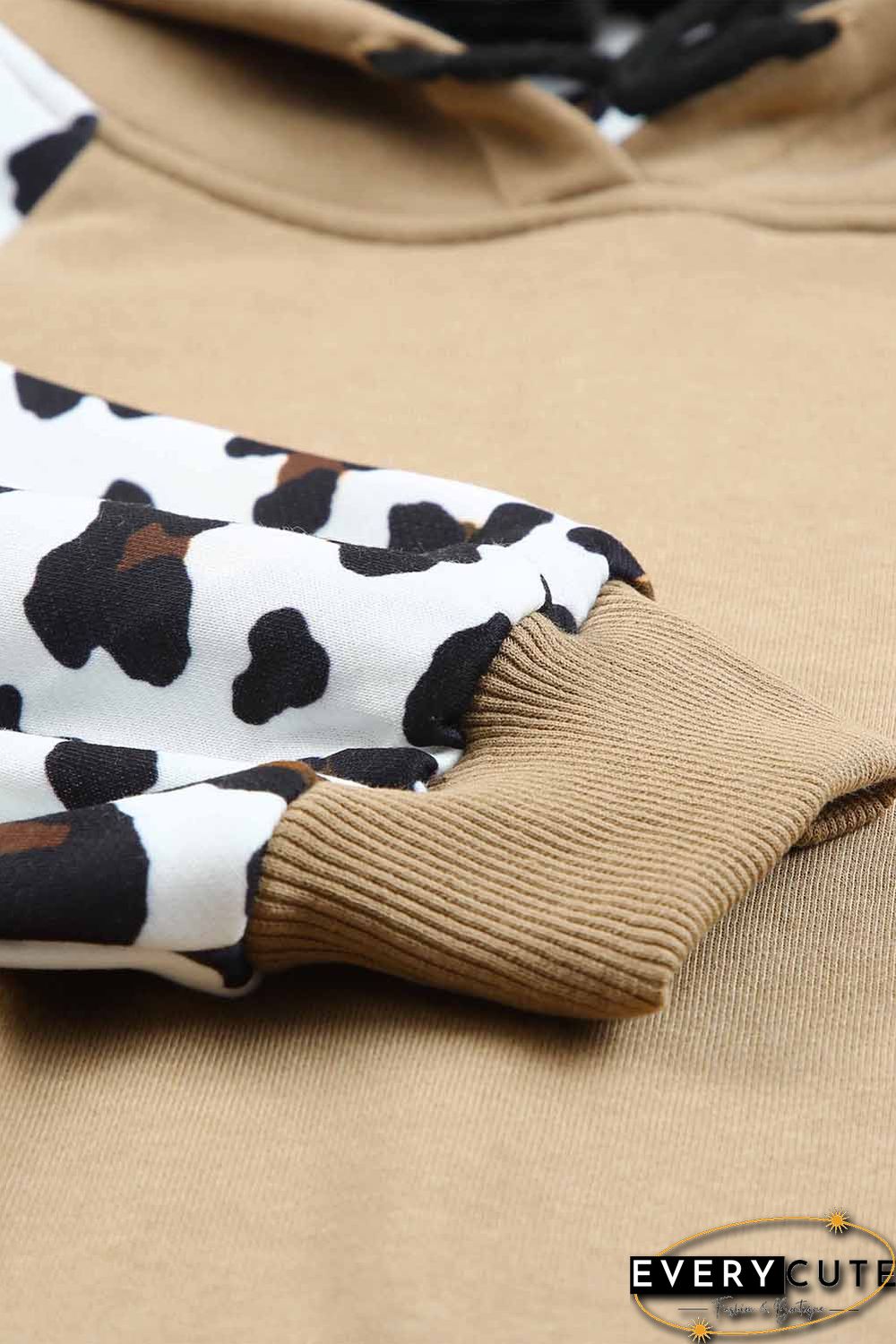 Khaki Leopard Bishop Sleeve Hooded Sweatshirt