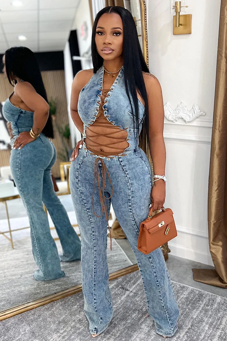 Halter Backless Lace-Up Washed Denim Straight Leg Jumpsuit-Blue [Pre Order]