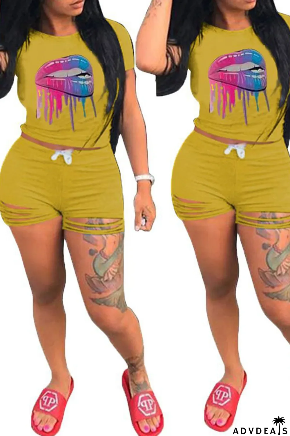 Grey venetian Fashion Active Casual Patchwork Lips Print pencil Short Sleeve Two Pieces