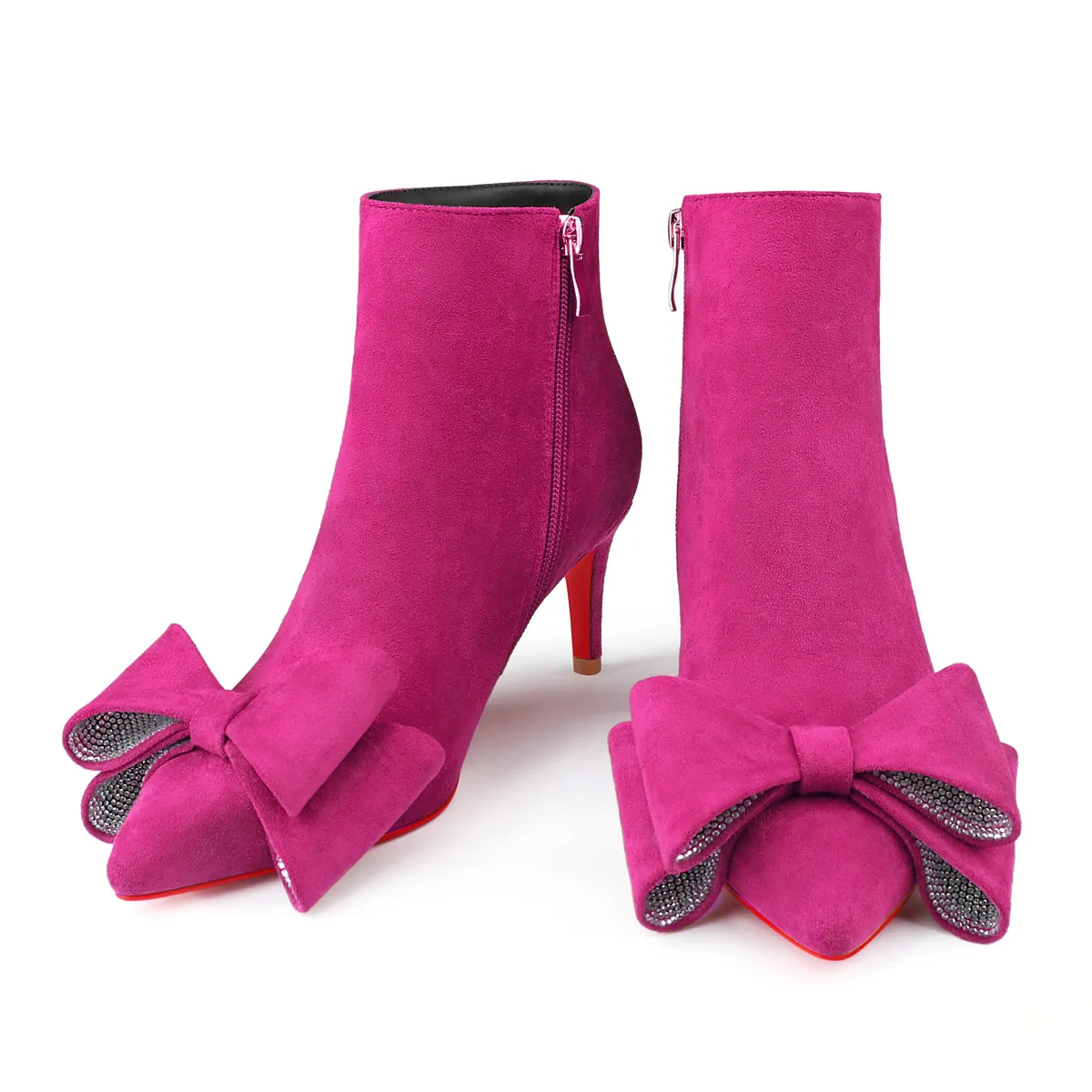60mm Women's Pointed Toe Bow Rhinestone Ankle Boots Kitten Heel Single Strap Red Bottom Suede Booties-vocosishoes