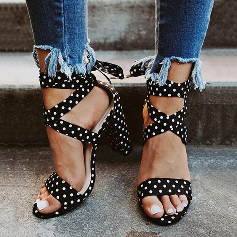 Black & White Polka Dot Open Toe Chunky Heel Ankle Strap Sandals Nicepairs
