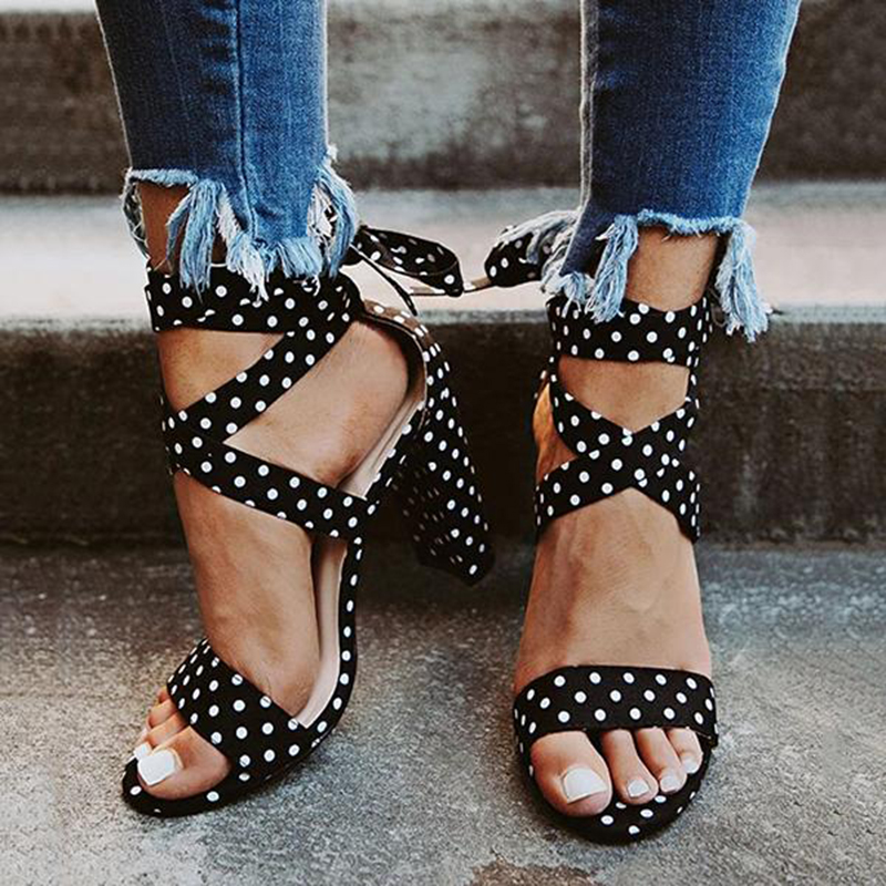 Black & White Dot Open Toe Chunky Heel Ankle Strap Sandals Nicepairs