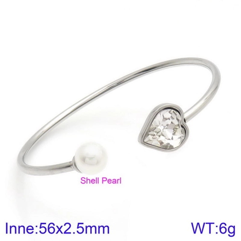 Modern Style Minimalist Heart Shape Stainless Steel Titanium Steel 18K Gold Plated Glass Stone Pearl Bangle In Bulk