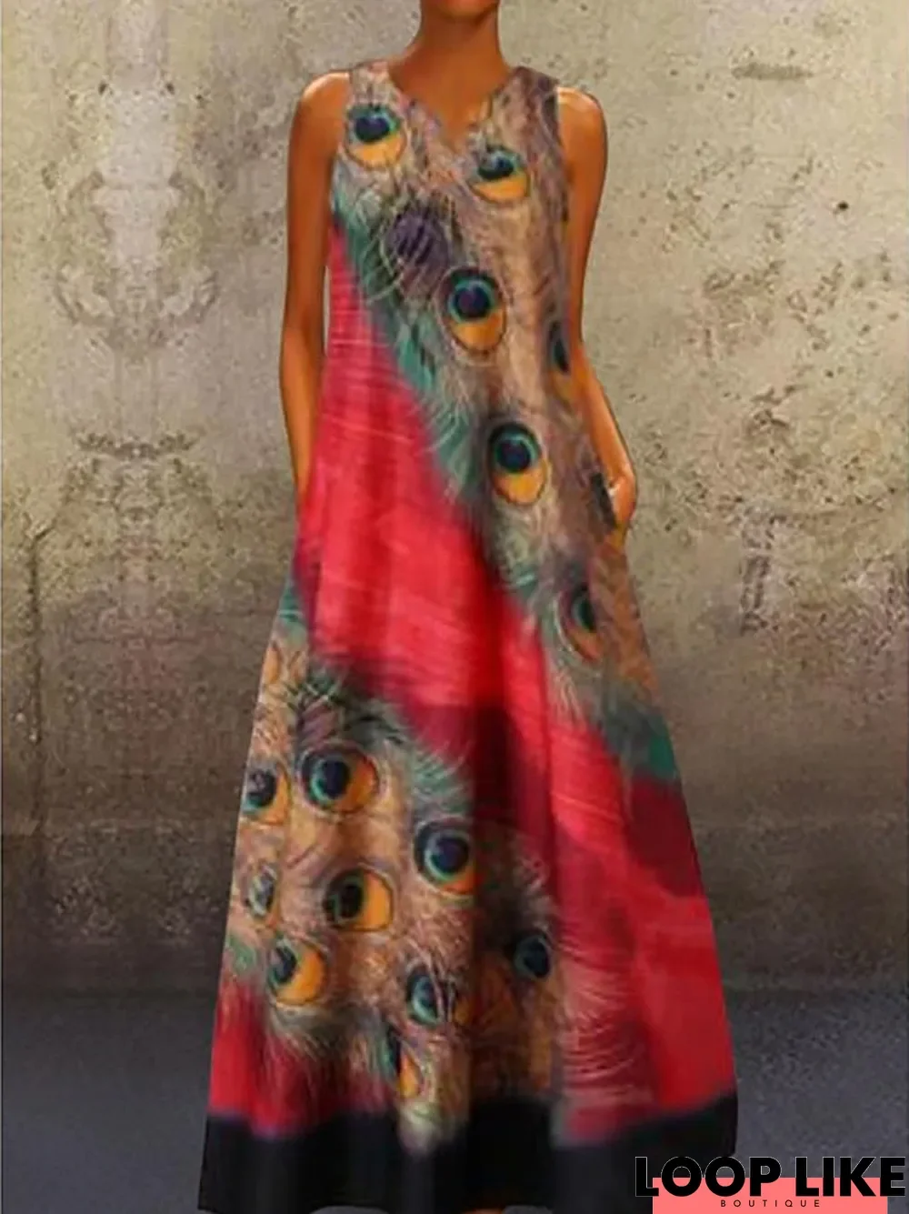 Women's A-Line Dress Maxi Long Dress Sleeveless Peacock Feathers Print Summer V Neck Plus Size Hot Casual Holiday Vacation Dresses Red Navy Blue Light Blue