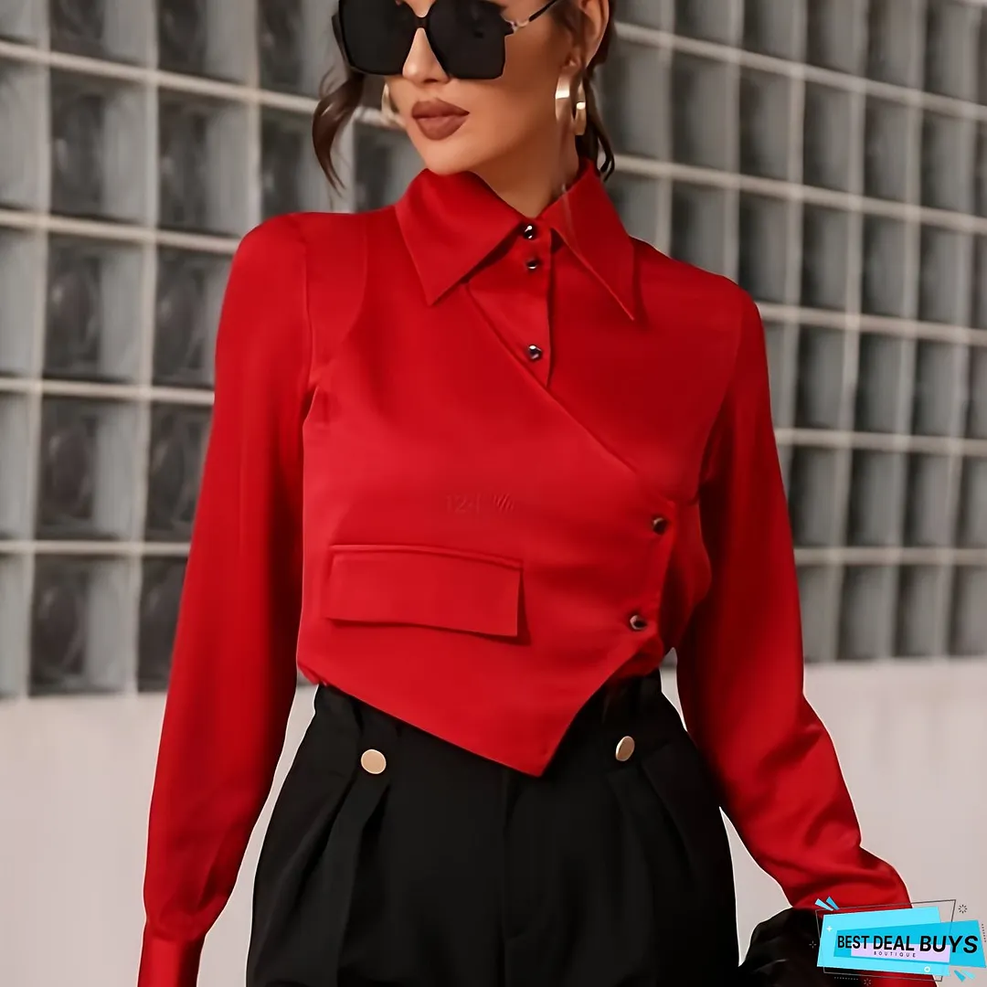 Button Front Asymmetric Crop Blouse, Stylish Long Sleeve Lapel Blouse For Spring & Fall, Women's Clothing