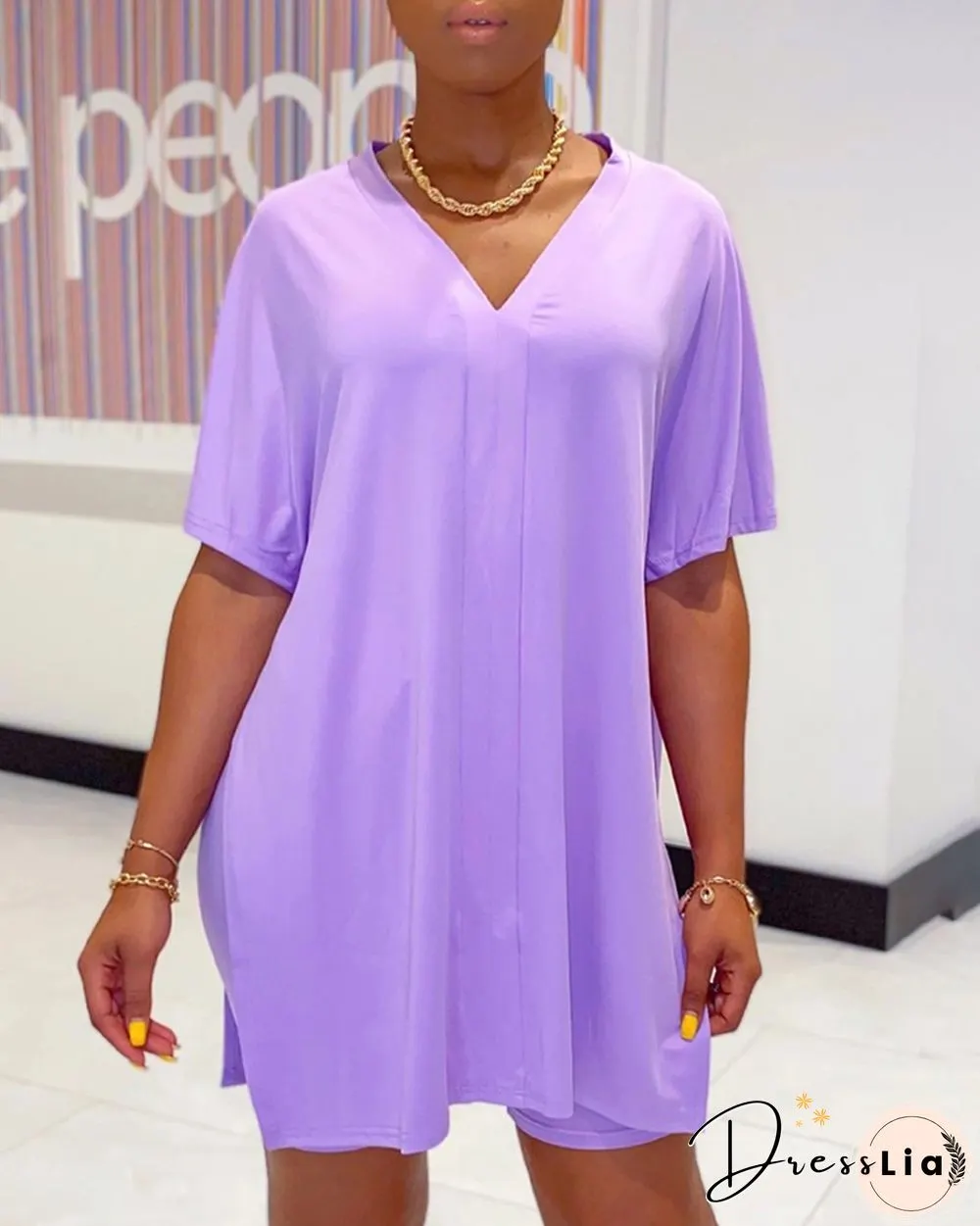 Batwing Sleeve Slit Top & High Waist Shorts Set