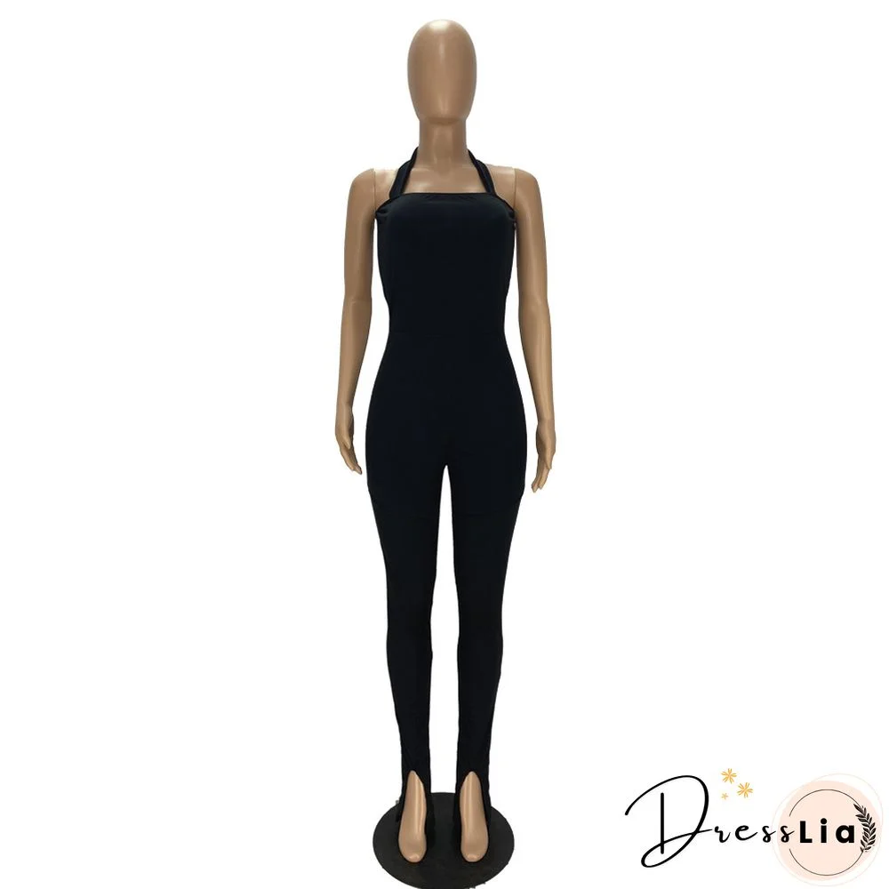 Women Solid Color Sportswear Sleeveless Halter Bodycon Jumpsuits