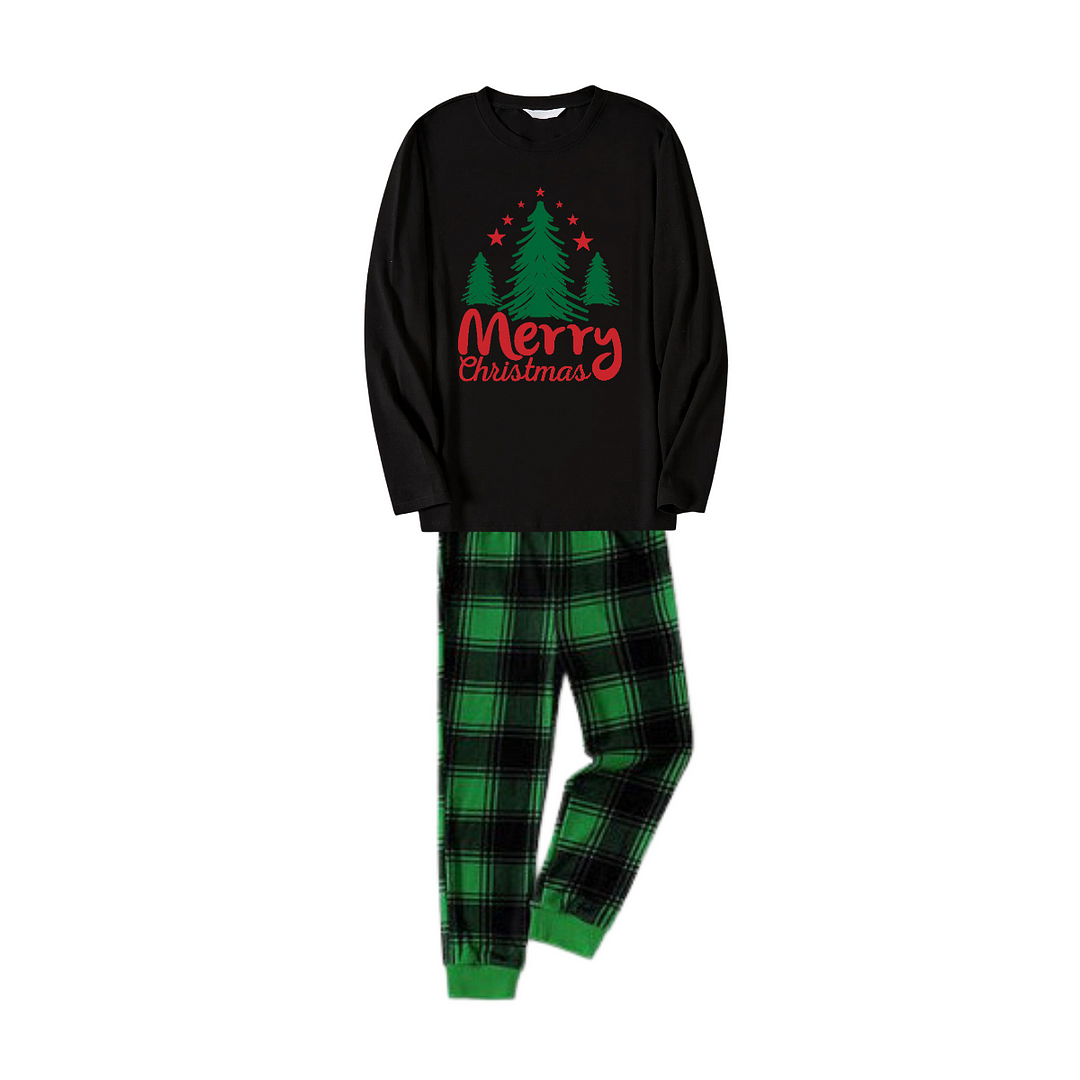 Merry Christmas Letter & Tree Printed Pattern Black Long Sleeve Top and Green & Black Plaid Pants Family Matching Pajamas