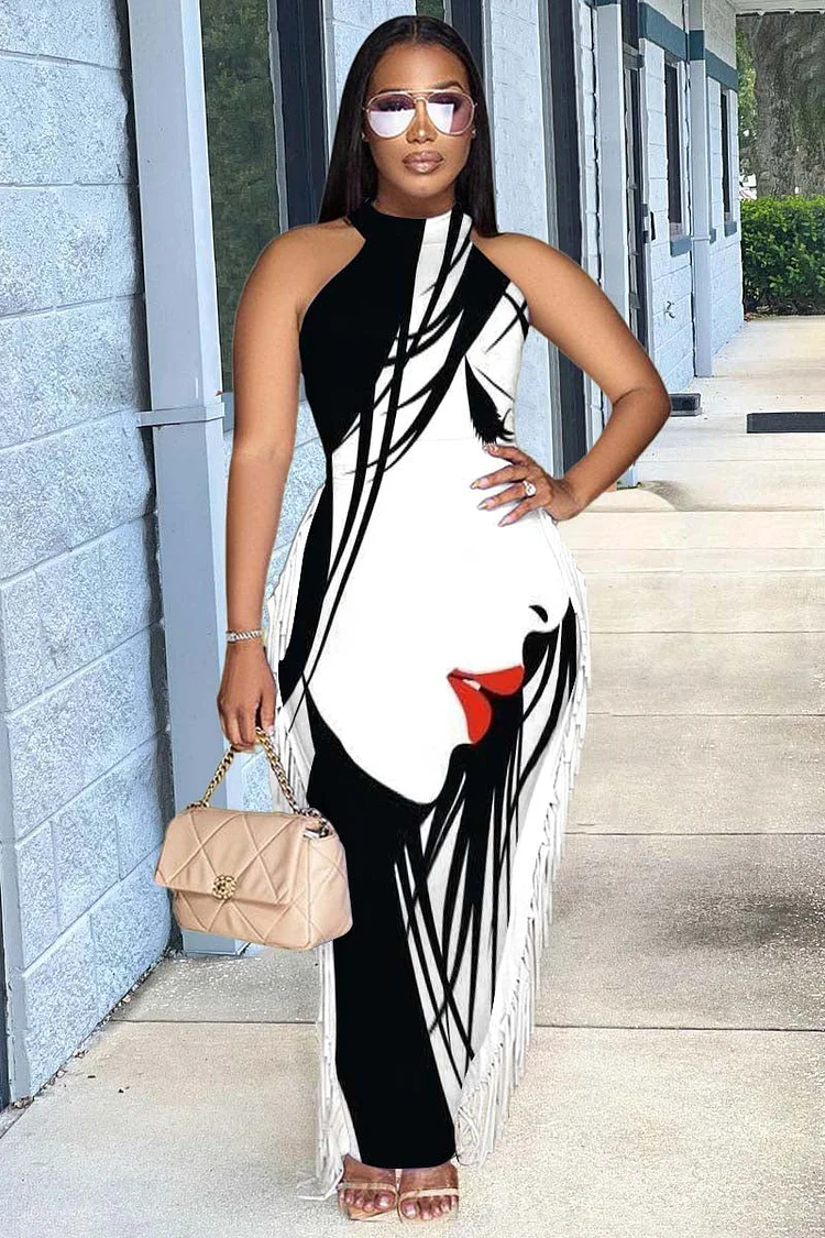 Sleeveless High Neck Drawing Face Print Side Fringed Maxi Dresses
