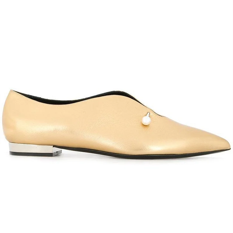 Gold Metallic Pointy Toe Flats with Pearl Details Fashion Loafers Vdcoo