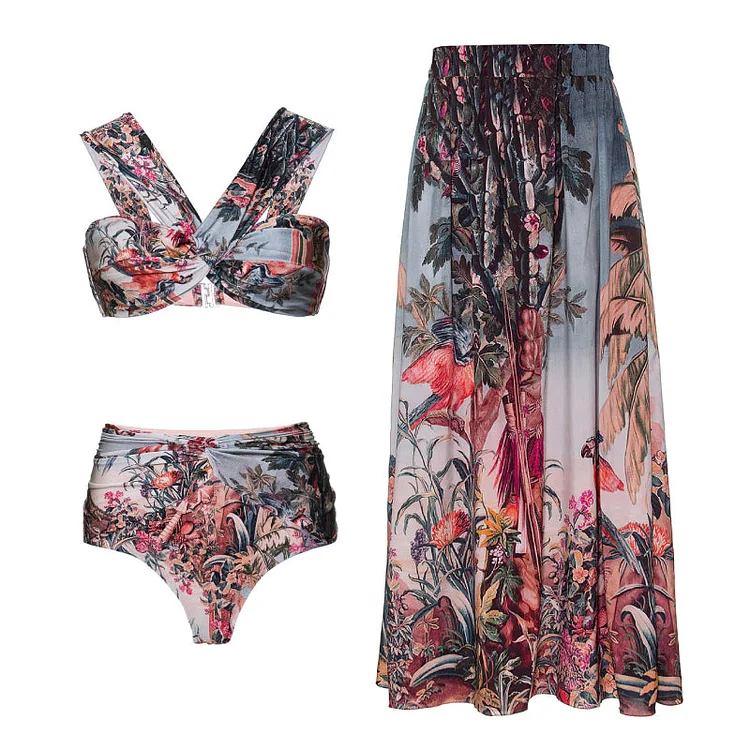 Flaxmaker Off Shoulder Paraiso Printed Bikini Swimsuit and Beach Skirt