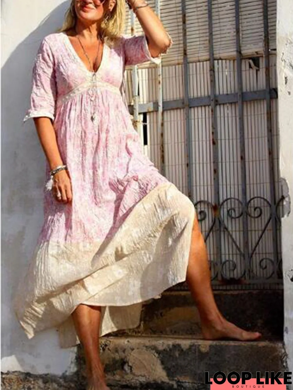 Pink Printed V Neck Boho Weaving Dress