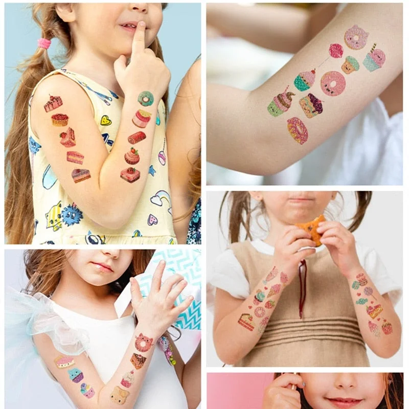 10 Kinds Glitter Powder Temporary Tattoos Cartoon Ice Cream Candy Cakes Kids Fake Tattoo Sticker Cute Party Makeup Tools