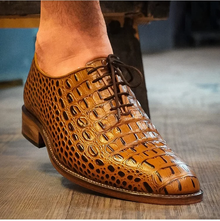 Handmade Men Tan Brown Dress Shoes, Men crocodile Leather Oxfords Shoes