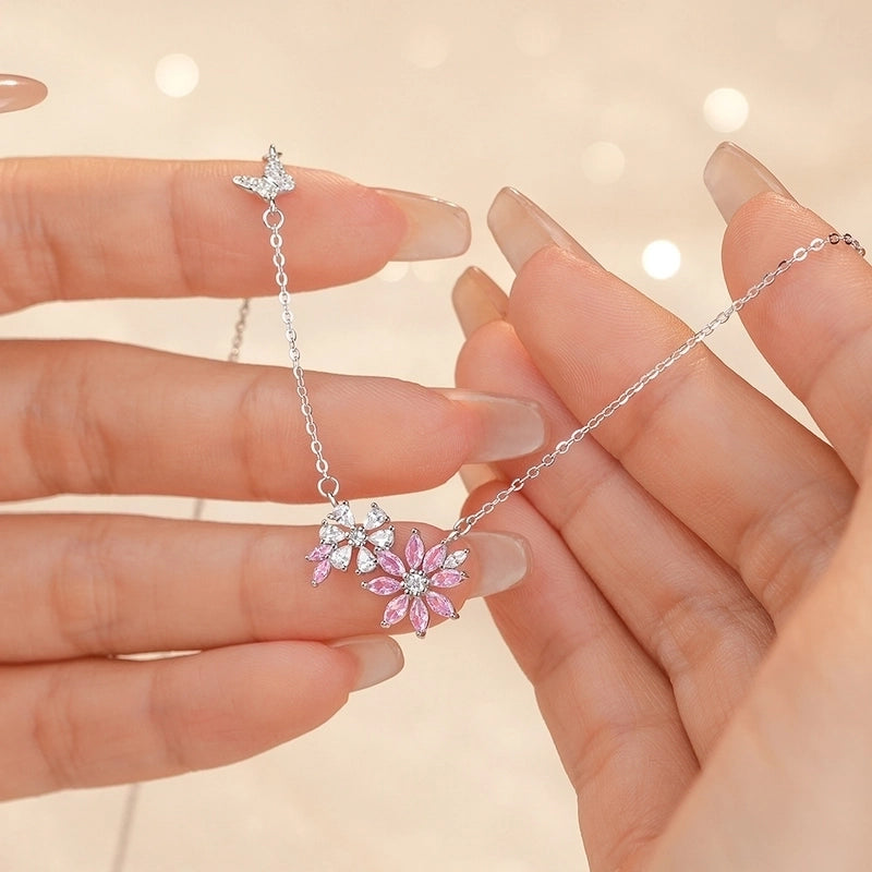 925 Sterling Silver Zircon Cable Chain Plating Flower Pendant Necklace