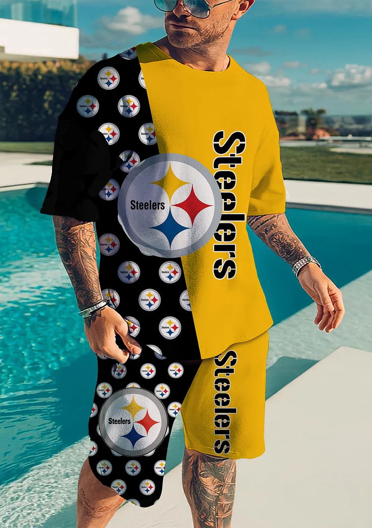 Pittsburgh Steelers 2PCS Pants Set Summer Short Sleeve T-Shirts Beach  Shorts