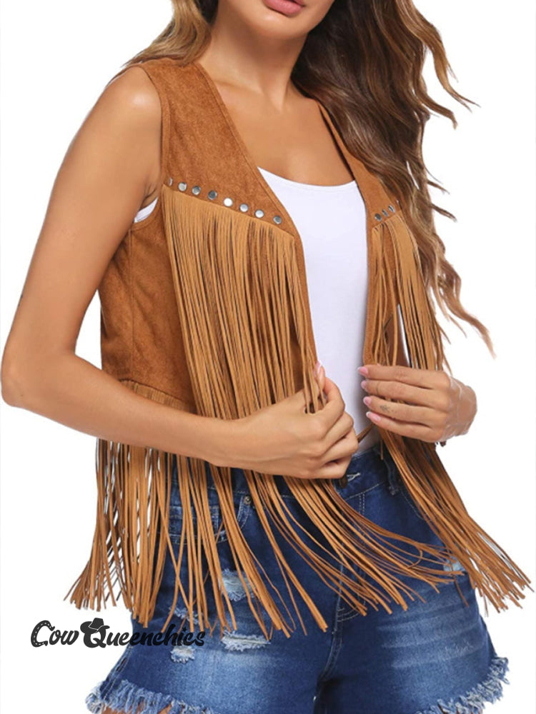 Women’s Casual Western Retro Suede Fringed Vest Khaki / S