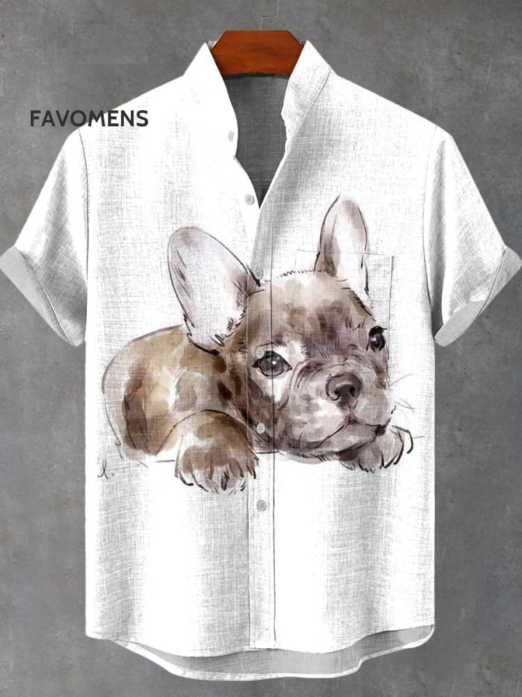 Vintage French Bulldog Watercolor Art Print Casual 100% Cotton Shirt Multicolor / S