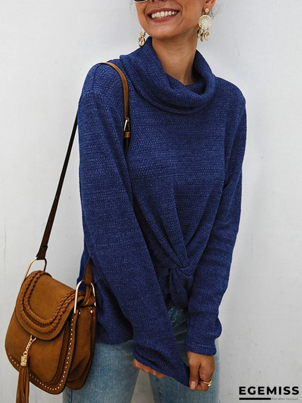 Knitted Cowl Neck Long Sleeve Casual Sweater | EGEMISS